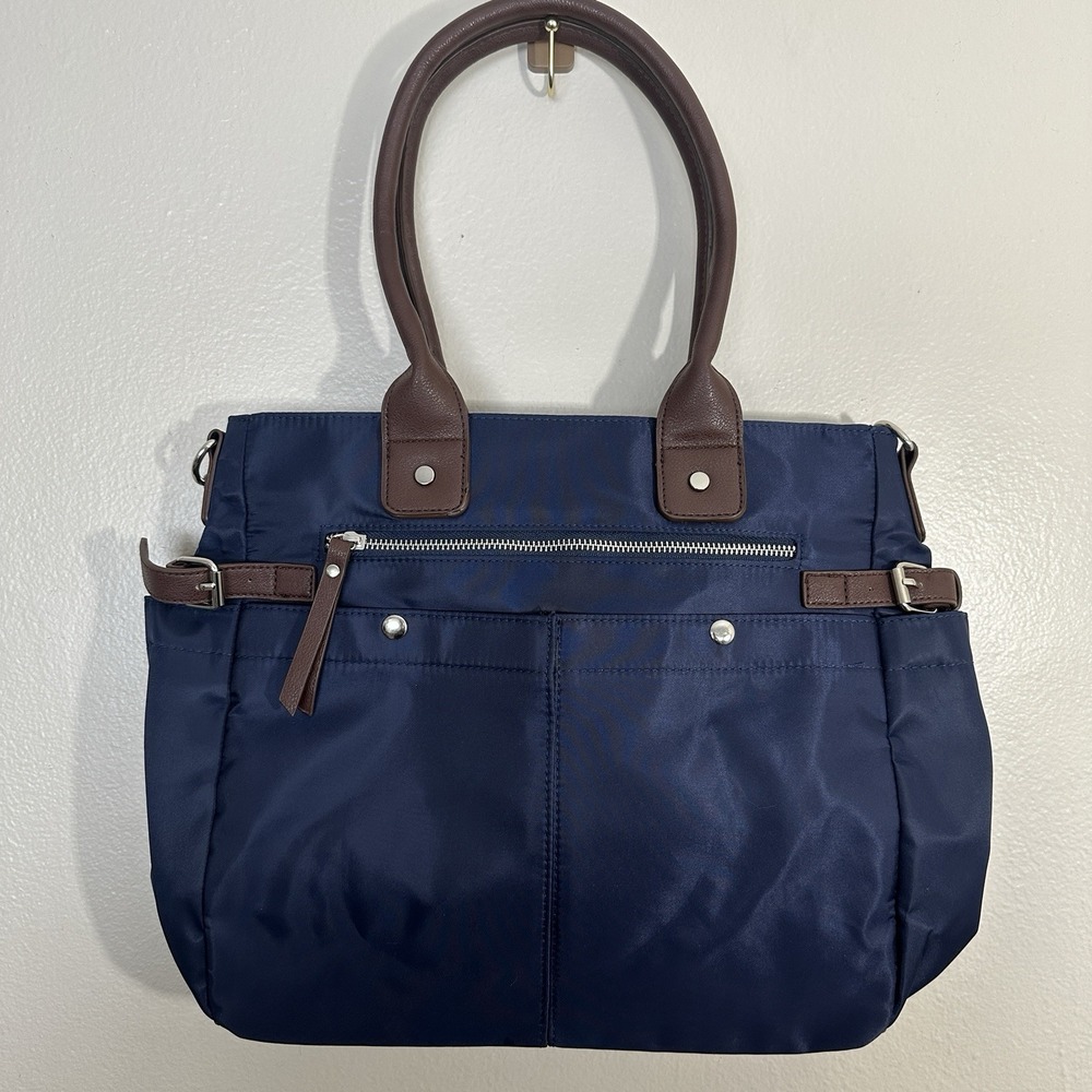 Signature Diaper Bag Messenger Canvas Blue/ Brown Baby Tote Travel Organizer - Picture 2 of 13